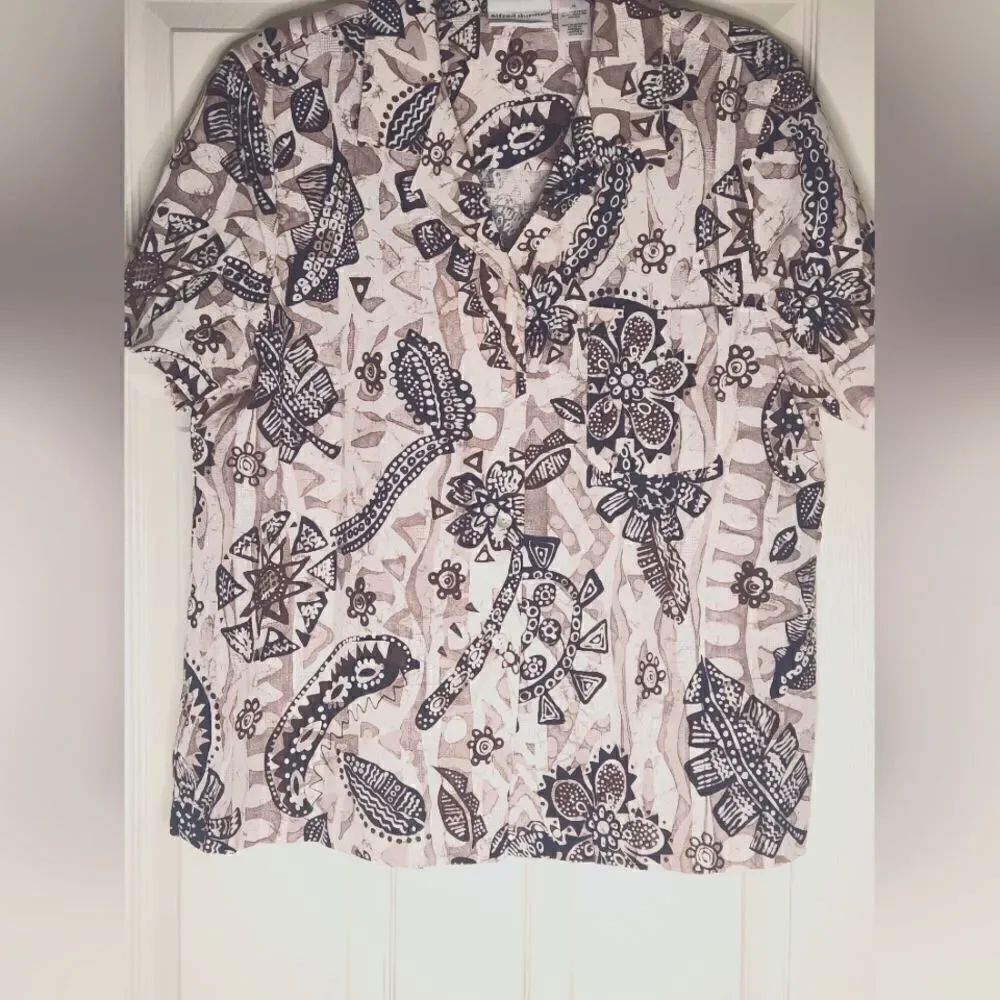 Alfred Dunner 16 Cream Beige Brown Shrtslv Pocket LINEN Blend Women’s Top Shirt
